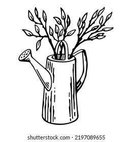 branch in watering can in engrave style