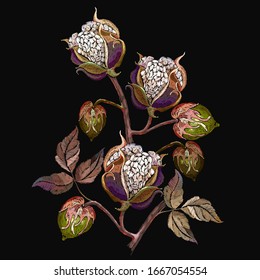 Branch of white cotton flowers. Spring floral art. Oriental botanical background. Fashion template for clothes, textiles and t-shirt design 