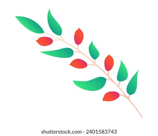 Branch with wild berries in game style. Twig with rosehip. Green leaves. Plant with red fruits, botany. Raw food in the forest. Isolated on white background. Color gradient. Vector illustration.