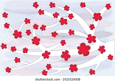 Branch of wild Chinese plum with red flowers
Papercut style with watercolor background