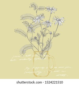 Branch of wild plant Vicia cracca. Tufted Vetch or Vicia cracca, vintage engraved illustration. Bouquet of hand drawn flowers and herbs. Botanical plant illustration. Handwritten abstract text