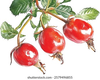 Branch of wild rose or Rosehips with green leaves. Hand drawn watercolor  illustration vector isolated on white background