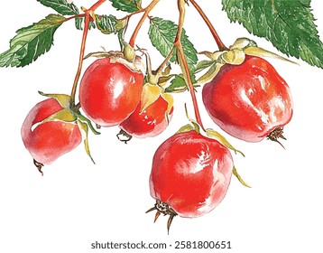 Branch of wild rose or Rosehips with green leaves. Hand drawn watercolor  illustration vector isolated on white background
