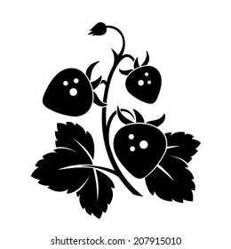 Branch of wild strawberry. Vector black silhouette.