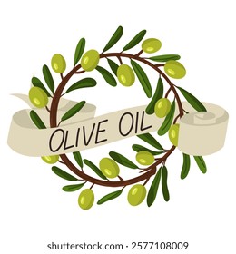 branch of wreath of green olives with a ribbon and the inscription Olive oil. closed branch with fruits and leaves. Flat color illustration on a white. broken branch with olives. cooking fresh dishes