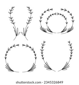 Branch wreath set, nature decorative elements, invitation or greeting card decoration, circular laurel foliate wreaths, black isolated on white background, vector illustration.