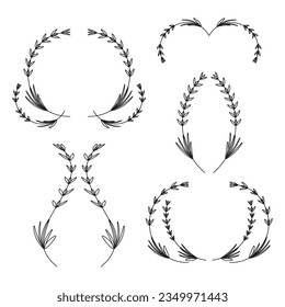 Branch wreath set, nature decorative elements, invitation or greeting card decoration, circular laurel foliate wreaths, black isolated on white background, vector illustration.