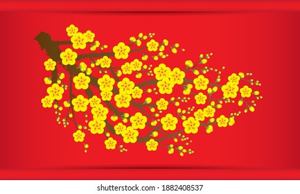 Branch of Yellow Apricot Flower Vector, lucky symbol of Vietnam Tet Holidays