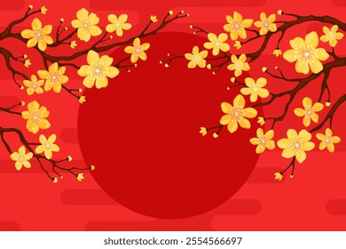 Branch with yellow apricot flowers on a red background, copyspace for your text. Card or banner template for Lunar New Year, Chinese New Year, Tet. Spring cherry or apple flowers.