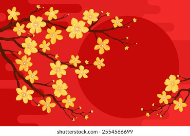 Branch with yellow apricot flowers on a red background, copyspace for your text. Card or banner template for Lunar New Year, Chinese New Year, Tet. Spring cherry or apple flowers.