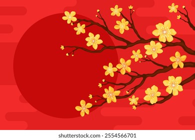 Branch with yellow apricot flowers on a red background, copyspace for your text. Card or banner template for Lunar New Year, Chinese New Year, Tet. Spring cherry or apple flowers.