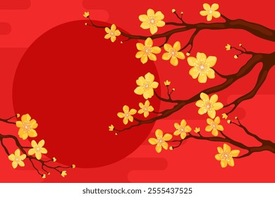 Branch with yellow apricot flowers on a red background, copyspace for your text. Card or banner template for Lunar New Year, Chinese New Year, Tet. Spring cherry or apple flowers.