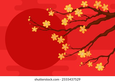 Branch with yellow apricot flowers on a red background, copyspace for your text. Card or banner template for Lunar New Year, Chinese New Year, Tet. Spring cherry or apple flowers.