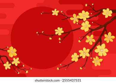 Branch with yellow apricot flowers on a red background, copyspace for your text. Card or banner template for Lunar New Year, Chinese New Year, Tet. Spring cherry or apple flowers.