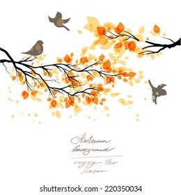 Branch with yellow leaves and birds. Copy space.