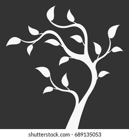 Branch of a young tree. White tree on a black background.