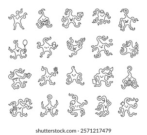 Branched brittle stars set showing smiling faces, emotions underwater marine animals, cute cartoon characters, for creative fun illustrations and design projects