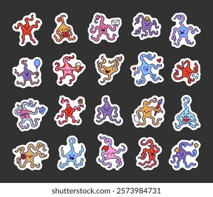 Branched brittle stars set showing smiling faces, emotions underwater marine animals, cute cartoon characters, for creative fun illustrations and design projects