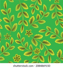branched leaves seamless pattern with green yellow tropical plants foliage and abstract flower on delicate background. Seamless exotic pattern with tropical plants. Exotic wallpaper. background decor