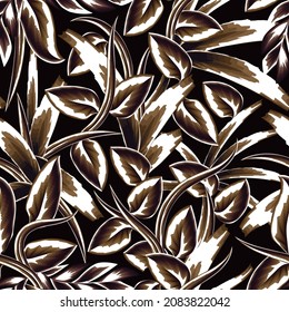 hojas ramificadas diseño vectorial de patrón tropical sin fisuras en estilo de color monocromático en el fondo nocturno. Diseño para tela, papel pintado o papel de envolver. Fondo floral. arte de verano