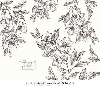 Branches of apple blossoms. Floral apple and cherry flowers. Flower hand drawn background. Vintage botanical flowers in engraved style. Flower composition for wedding invitations, greeting card