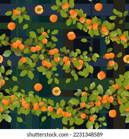 Branches apricot tree with ripe fruits. Dark background picture. Garden plant with edible harvest. Seamless pattern composition. Branch with foliage and leaves. Vector.