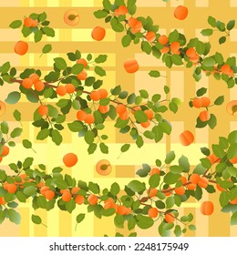 Branches apricot tree with ripe fruits. Yellow background picture. Garden plant with edible harvest. Seamless pattern composition. Branch with foliage and leaves. Vector