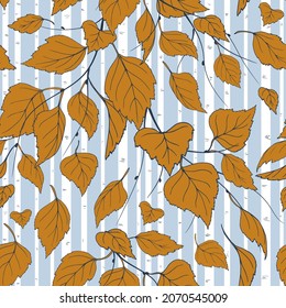 branches of autumn birches, birch forest, branches with yellow leaves on a blue background, seamless vector background