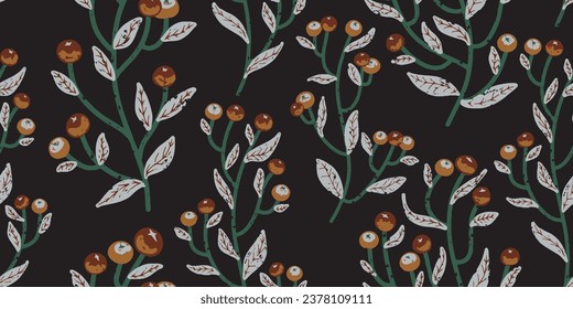 Branches with berries, cozy texture colored ornament. Vector seamless pattern