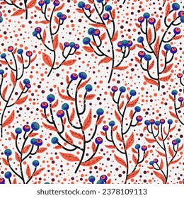 Branches with berries, cozy texture colored ornament. Vector seamless pattern