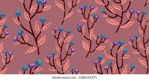 Branches with berries, cozy texture colored ornament. Vector seamless pattern.