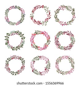 Branches With Berries Gathered Together in a Shape of Wreath Vector Set