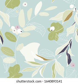 Branches, berries and leaves seamless pattern. Vector illustration. EPS10