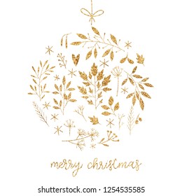 Branches, berries, leaves and snowflakes in christmas toy shape with magic glitter texture. New year, merry christmas seasonal greetings card, banner, winter gold background. vector illustration