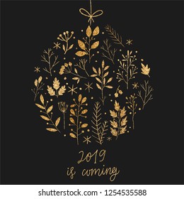 Branches, berries, leaves and snowflakes in christmas toy shape with magic glitter texture. New year, merry christmas seasonal greetings card, banner, winter gold background. vector illustration