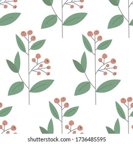 Branches with berries seamless pattern. Vector pattern with simple twigs isolated on white background.