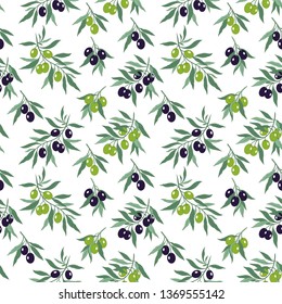 
Branches with black and green olives on a white background. Hand-drawn seamless pattern. Vector texture.