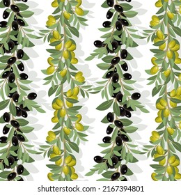 Branches with black and green olives.Seamless vector pattern with black and green olives on a transparent background.