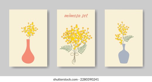 Branches of blooming mimosa in a vase. Set of templates for greeting cards, invitations, posters, covers