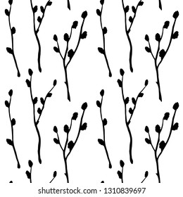 Branches blossom pussy willow tree, catkins seamless pattern. Black silhouettes on white background