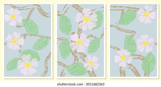branches of a blossoming apple tree stylized as a pencil drawing - wall art vector set; for wall art, poster, wallpaper, print