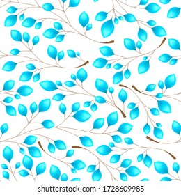 Branches with blue leaves on a white background. Seamless Vector illustration. Stylish background with graphic leaves. Use for wallpaper, web design, surface textures, textile prints, wrapping, etc.
