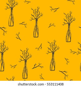 branches in a bottle on a yellow background. vector floral seamless pattern