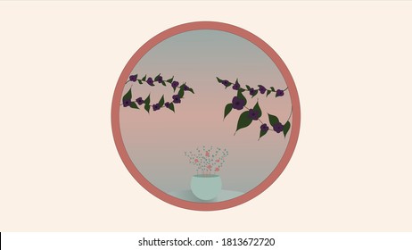 Branches of bougainvillea and a vase on the glass table seen from the window 