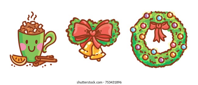Branches with bow and bell, Hot holiday beverage. Cute cartoon illustration elements for Christmas and New Year celebration. Vector hand drawn doodle style for for greeting card, poster, banner