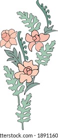 Branches, bud, twigs and flowers. Abstract flowers vector. Doodle blooming plants flat simple composition Silhouette. Decorative scribble, line and dot drawing. Nature floral illustration set  Seaweed