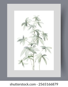 Branches of bush with large petals arranged around green stem on wall art. Watercolor artwork. Print with branches of bush or weed grown in backyard of house, in frame with decor for poster