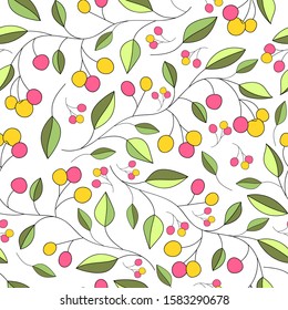 Branches with cherry berries on the white background. Vector seamless pattern. 