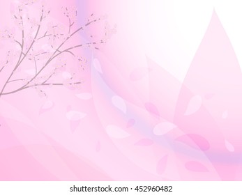 Branches of cherry blossoms and petals flying in the wind on a pink background