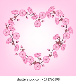 Branches with cherry blossoms in the shape of heart.